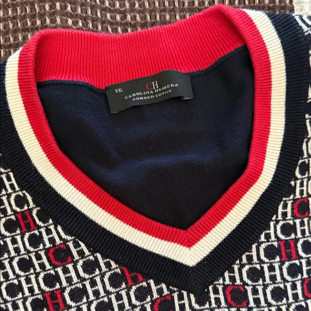Monogram Navy & Red V-Neck Sweater - Picture 2 of 5